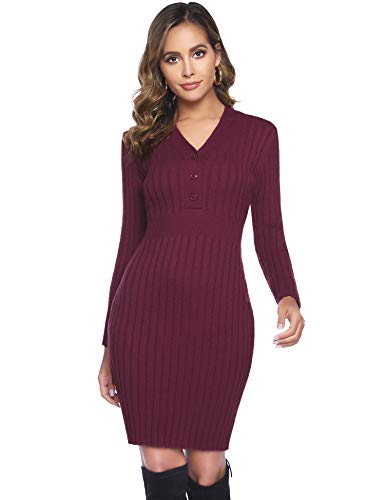 Hawiton Vestido de Punto para Mujer Vestido de Invierno de Manga Larga de Cuello Pico con Botones Suéter con Cable Jerseys Largos