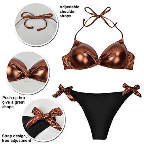 heekpek Bikinis Mujer Push Up Conjunto Bañador Sexy de Dos Piezas Halter Bikini Brasileño Anudado Traje de Baño Brillante con Halter