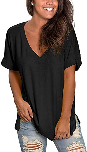 heekpek Blusas de Moda Verano Mujer Blusas y Camisas de Mujer Ropa Mujer Verano Tops Mujer Camisas OversizedColor Sólido V Neck Negro Blanco Camisa Manga Corta Plus Size