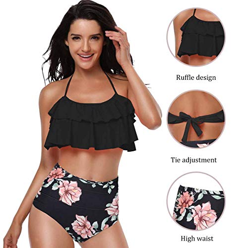 heekpek Conjunto de Bikini Mujer de Cintura Alta Traje de Baño de Dos Piezas Volantes Correas de Espagueti Bañador Plisado Estampado Rayas Ropa de Playa Tallas Grandes