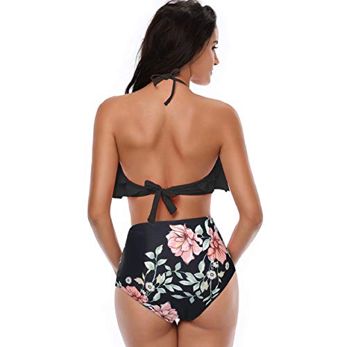 heekpek Conjunto de Bikini Mujer de Cintura Alta Traje de Baño de Dos Piezas Volantes Correas de Espagueti Bañador Plisado Estampado Rayas Ropa de Playa Tallas Grandes