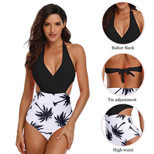 heekpek Mujeres Retro Cintura Alta Trajes de Baño Una Pieza Polka Dot Bañador Trajes de Brasileño Conjunto de Bikini Color Liso Push up Bralette