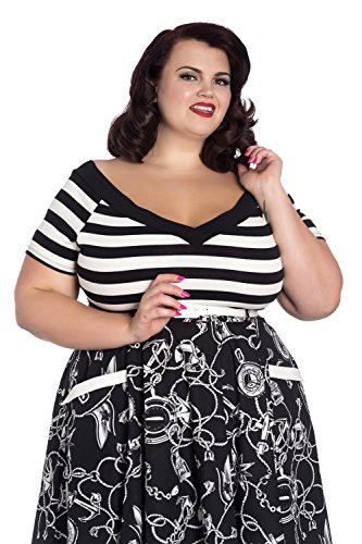 Hell Bunny Top Cuello EN V Caitlin de A Rayas con Mangas Cortas de Estilo Vintage Retro 50s Rockabilly - Negro & Blanco (4XL - ES 50-52)