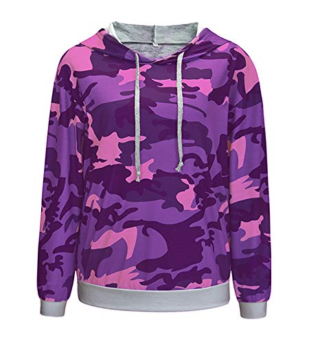 HenzWorld Sudadera de Manga Larga con Cordón para Mujer Sudaderas con Capucha de Camuflaje Suéter Informal Ligero con Capucha para Mujer (Púrpura Talla M)