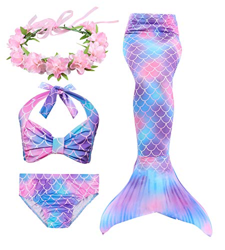 Hifunbay Cola de Sirena Niña para Nadar Incluido Traje de Sirena Baño de Bikini de 3 Piezas y Diadema con Guirnaldas de Flores sin monoaleta (DH48-B07, 130)