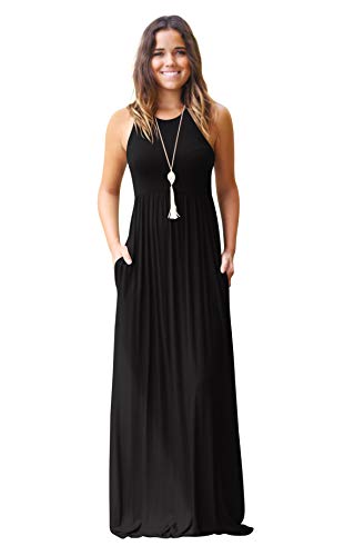 Hmeng - Vestido largo sin mangas y con bolsillos para mujer. Vestido de fiesta largo, estampado liso negro negro M