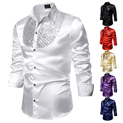 Hombres Camisa de Manga Larga de Solapa de Lujo, Lentejuelas de Baile de Graduación Informal Fiesta de Discoteca Satén de Seda Cena Traje de Anfitrión de Esmoquin (Blanco, XL)