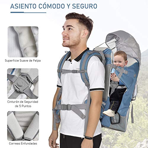 HOMCOM Mochila Portabebés Plegable Ajustable Portador de Bebé Ergonómica Manos Libres 6-36 Meses con Protector de Lluvia y Sol Carga 18 kg Gris y Azul