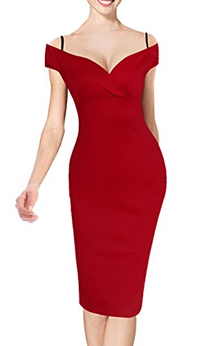 HOMEYEE – Vestido ceñido de mujer con estampado floral vintage, con tirantes, hombros descubiertos, largo hasta la rodilla, B309 Rojo rosso XL