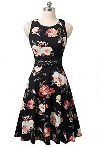 HOMEYEE Vestido de cóctel sin Mangas Bordado de la Vendimia de Las Mujeres UKA079 (XXL, Negro + Blanco Floral)