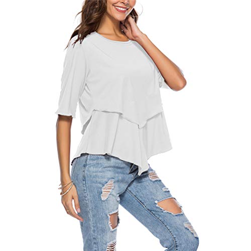 Honghu Mujeres Cuello Redondo Media Manga Capas Volantes Camiseta Suelta túnica Tops Elegante cómoda Blusa de Verano Blanco XL