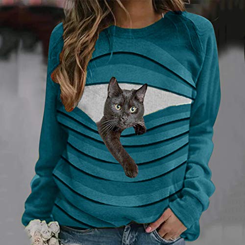 HoSayLikes Blusa de Mujer Casual Sudadera Cuello Pico Dibujos Animados Gato A Rayas Suelto Suave Manga Larga Pullover Tops Camiseta Otoño Invierno Mujer…