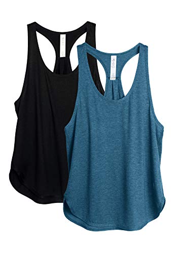 icyzone Camiseta sin Mangas de Fitness para Mujer Chaleco Deportivo, Pack de 2 (L, Negro/Mezclilla)