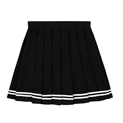 IEFIEL Falda Plisada Basica Mujer Mini Falda Vuelo Escolar Falda Casual Corta Colegiala Japonesa Falda Escocesa Cintura Alta Elástica para Chicas Disfraz Animadora Negro Rayas S