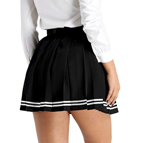 IEFIEL Falda Plisada Basica Mujer Mini Falda Vuelo Escolar Falda Casual Corta Colegiala Japonesa Falda Escocesa Cintura Alta Elástica para Chicas Disfraz Animadora Negro Rayas S