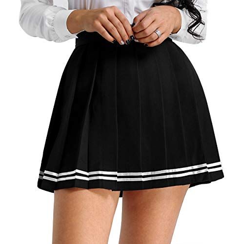 IEFIEL Falda Plisada Basica Mujer Mini Falda Vuelo Escolar Falda Casual Corta Colegiala Japonesa Falda Escocesa Cintura Alta Elástica para Chicas Disfraz Animadora Negro Rayas S