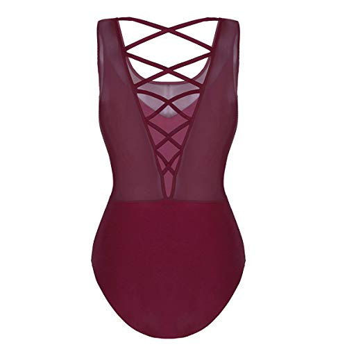 iiniim Maillot Baile Espalda Cruzada Transparente Malla Vestido de Danza Ballet Mujer Leotardo de Gimnasia Clásico Body Adulto Mono sin Mangas Bodysuit para Fiesta Actuación Rojo S