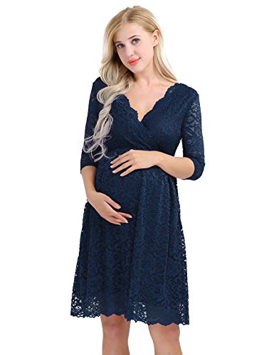 iiniim Vestido Corto para Mujer Premamá Vestido de Embarazada Encaje Floral Vestidos Boda Fiesta Vestir de Maternidad Verano Manga Corta S-XXL Azul Navy X-Large