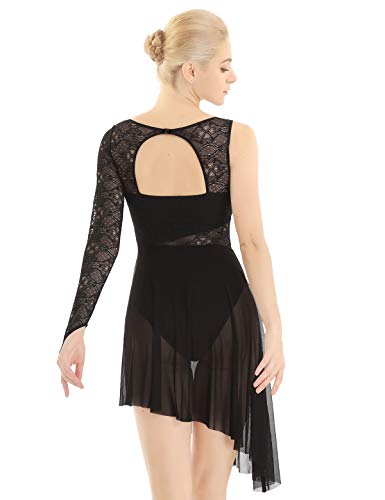 iixpin Vestido de Danza Lírica Moderna Maillot de Patinaje Artística Traje Bailarina Vestido de Encaje Floral Falda Asimétrica de Tul con Bragas Negro Medium