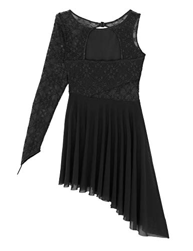 iixpin Vestido de Danza Lírica Moderna Maillot de Patinaje Artística Traje Bailarina Vestido de Encaje Floral Falda Asimétrica de Tul con Bragas Negro Medium