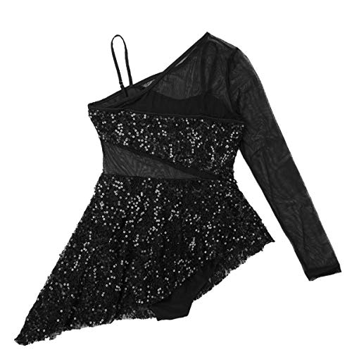 iixpin Vestido de Danza Lírica Moderna para Mujer Maillot de Patinaje Artística con Lentejuelas Brillante Traje Bailarina Falda Asimétrica con Bragas Negro A X-Small