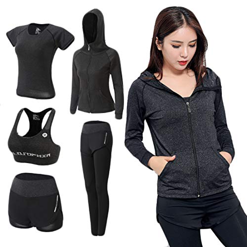 Inlefen Chándal de Mujer Yoga Ropa Deportiva Trajes Abrigo con Capucha Sudadera Dos Pantalones Running Athletic 5pcs Conjuntos