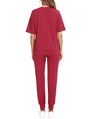 Irevial Chandal Mujer Completo Verano Conjunto de Camiseta y Pantalones de Manga Corta Casual Ropa Deportiva Dos Piezas Primavera para Correr Rojo Vino , L