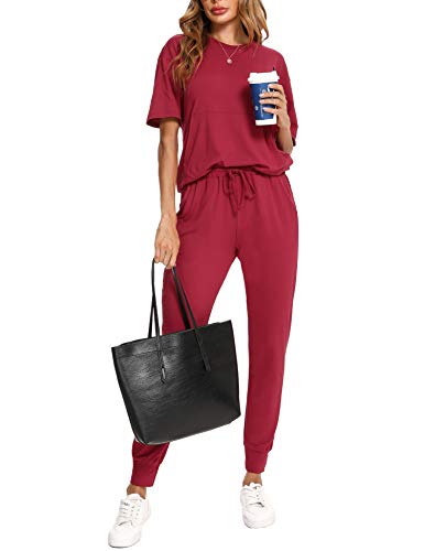 Irevial Conjunto Chandal Mujer Verano Casual Conjunto de Camiseta de Manga Corta y Pantalones con Cordón y Bolsillo Ropa Deportiva 2 Piezas para Fitness Yoga Rojo Vino , S