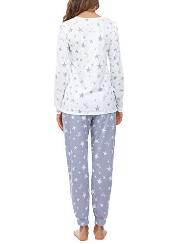 Irevial Pijamas para Mujer,Elegante Pijamas de Estampado de diseño Estrella, Mangas Larga Camiseta y Pantalon Largo 2 Piezas Talla Grande Invierno