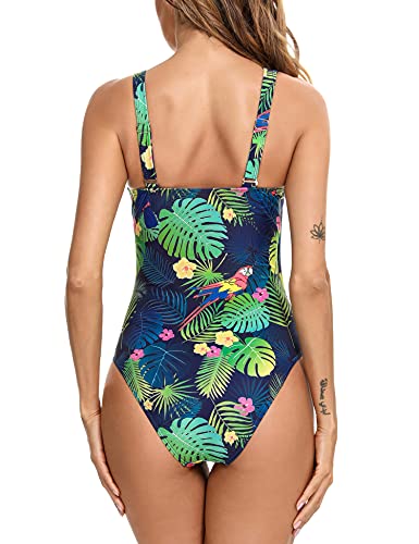 Irevial Traje de Baño de Una Pieza para Mujer Clásico Bañador Push-Up Monokini con Cuello en V Swimsuit Tirantes Ajustables Verde Estampado, XXL