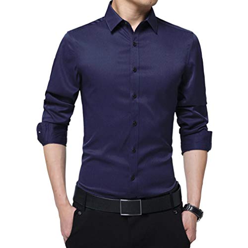 Irypulse Camisa de Hombres Corte Cuello Camisa de Planchado sin Arrugas Manga Larga clásico Slim Fit Seda de algodón Elástica Casual Formal Negocio para Hombre,Azul Oscuro-L