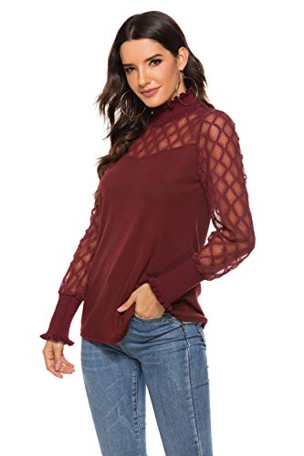 iWoo Blusa de malla de encaje elegante para mujer, con cuello alto y cuello redondo y corte entallado