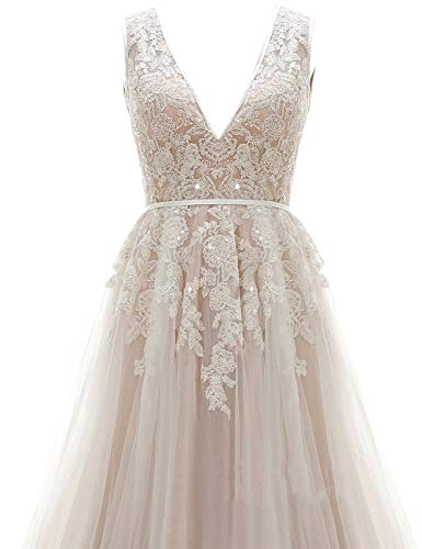 JAEDEN Vestido de Boda Mujeres Largo A línea Vestido de Novia Vestido más Nuevo para la Novia Encaje Tul V-Cuello Marfil EUR36