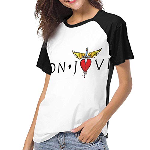 JEWold Bon Logo Jovi Manga Corta de béisbol para Mujer Camisetas raglán Negras Camisetas para Mujeres