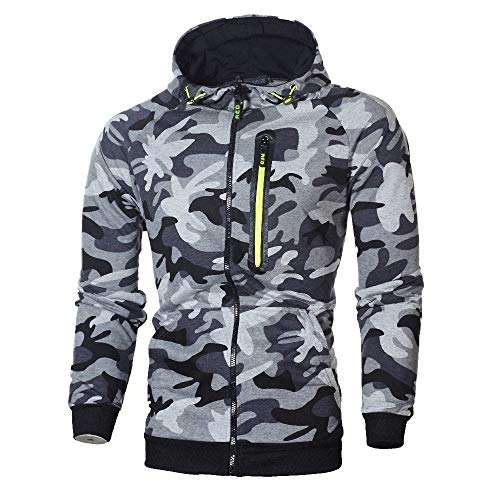 JiaMeng suéter Sudadera con Capucha Hombres de Punto con Capucha de Manga Larga Jersey Sudadera de Camuflaje(Gris,XL)