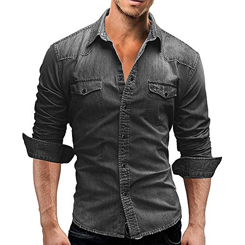 Jiayuan Camisa Vaquera Camisa Vaquera de algodón para Hombre Moda Primavera y otoño Camisa Vaquera Delgada de Manga Larga Moda Lavado Slim Top 3XL