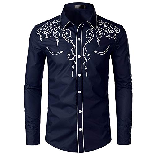 JINYAUN Camisa de Vaquero Occidental con Estilo, Camisas de Manga Larga Informales Ajustadas con Bordado de para Hombre, Camisa de Fiesta de Boda para Hombre