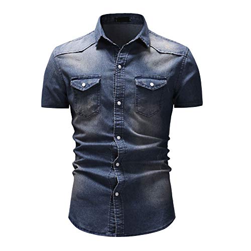 Jinyuan Camisa De Hombre De Moda Camisa De Mezclilla con BotóN Delgado para Hombre Casual Camisa De Manga Corta para Hombre con Bolsillos Azul Marino XL