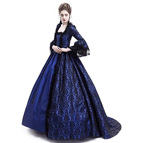 Kaiyei Vestido Dama Medieval Cuello Cuadrado Mangas Largas Vintage Vestidos de Renacimiento Gotico Cosplay Halloween Vestidos de Gala Longitud del Piso Princesa Real Vestidos de Fiesta Azul Marino M