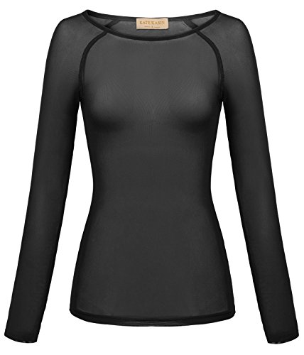 Kate Kasin Mujer Camiseta Blusa Transparente Mangas Largas Elegante Moda Oficina Casual L