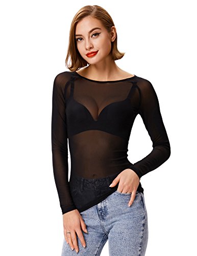 Kate Kasin Mujer Camiseta Blusa Transparente Mangas Largas Elegante Moda Oficina Casual L