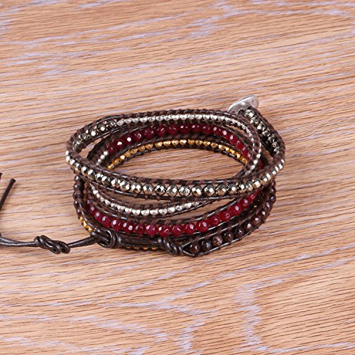 KELITCH Rojo Jaspe Granate Ágata Y Hematites Metal Pepita Abalorios 5 Pulsera del Abrigo Cuero Pulsera