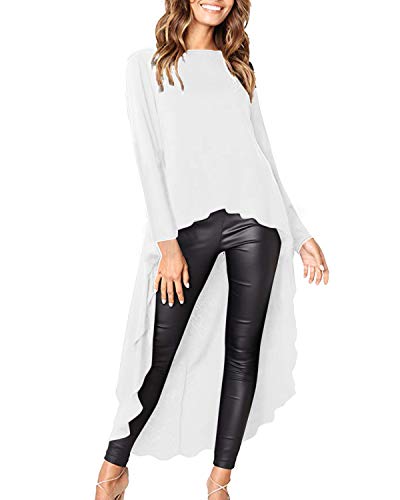 kenoce Blusa de Mujer Irregular Maxi Blusa Sueltas Largas Cuello Redondo y Manga Larga 3/4 Elegante Fiesta Cóctel Noche D-Blanco 2XL