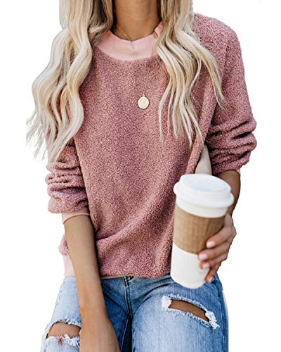 kenoce Sudadera sin Capucha de Forro Polar de Manga Larga para Mujer Talla Grande Pullover Cálido Sweatshirt Hoodie con Bolsillos H-Rosa M