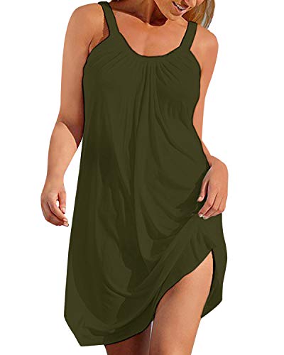 kenoce Vestido Verano Mujer Mini Vestido Sin Mangas Cuello Redondo Moda Casual Tallas Grandes Vestidos Elegantes Vestido de Playa Sexy Vestido F-Verde Militar 2XL