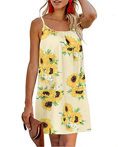 kenoce Vestido Verano Mujer Mini Vestido Sin Mangas Cuello Redondo Moda Casual Tallas Grandes Vestidos Elegantes Vestido de Playa Sexy Vestido H-Amarillo M