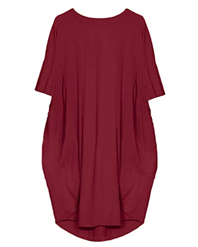 Kidsform Vestido de Talla Grande para Mujer Vestido de Otoño de Primavera Túnica de Gran Tamaño Mini Vestido Manga Corta Cuello Redondo con Bolsillos Casual H-Vino Tinto M