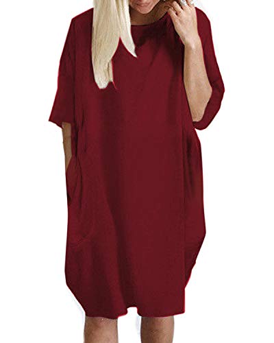 Kidsform Vestido de Talla Grande para Mujer Vestido de Otoño de Primavera Túnica de Gran Tamaño Mini Vestido Manga Corta Cuello Redondo con Bolsillos Casual H-Vino Tinto M