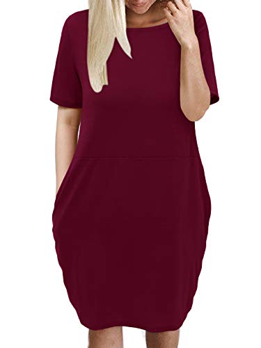 Kidsform Vestido de Talla Grande para Mujer Vestido de Otoño de Primavera Túnica de Gran Tamaño Mini Vestido Manga Corta Cuello Redondo con Bolsillos Casual H-Vino Tinto M