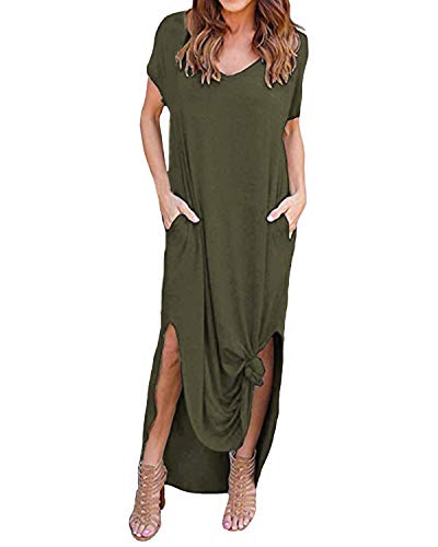 Kidsform Vestidos Largos Mujer Manga Corta Cuello en V Vestidos de Fiesta Chic Vestito con Bolsillos Elegante y Encantador K-Verde Militar 2XL